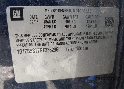 2016 Chevrolet Malibu Ls из США, поврежденный, VIN 1G1ZB5ST7GF233296